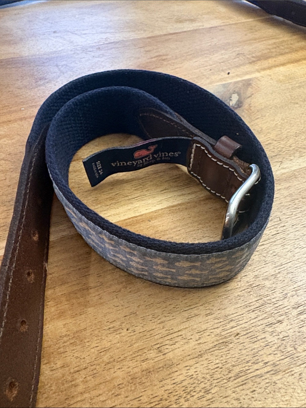 Vineyard Vines Navy Patterned Canvas Belt with Brown Leather Trim